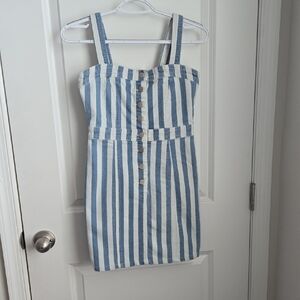 Blue and White Mini Sundress with Square Neck